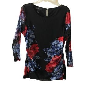 INC Black/Blue/Red Floral Long  Sleeved Blouse, XL.
